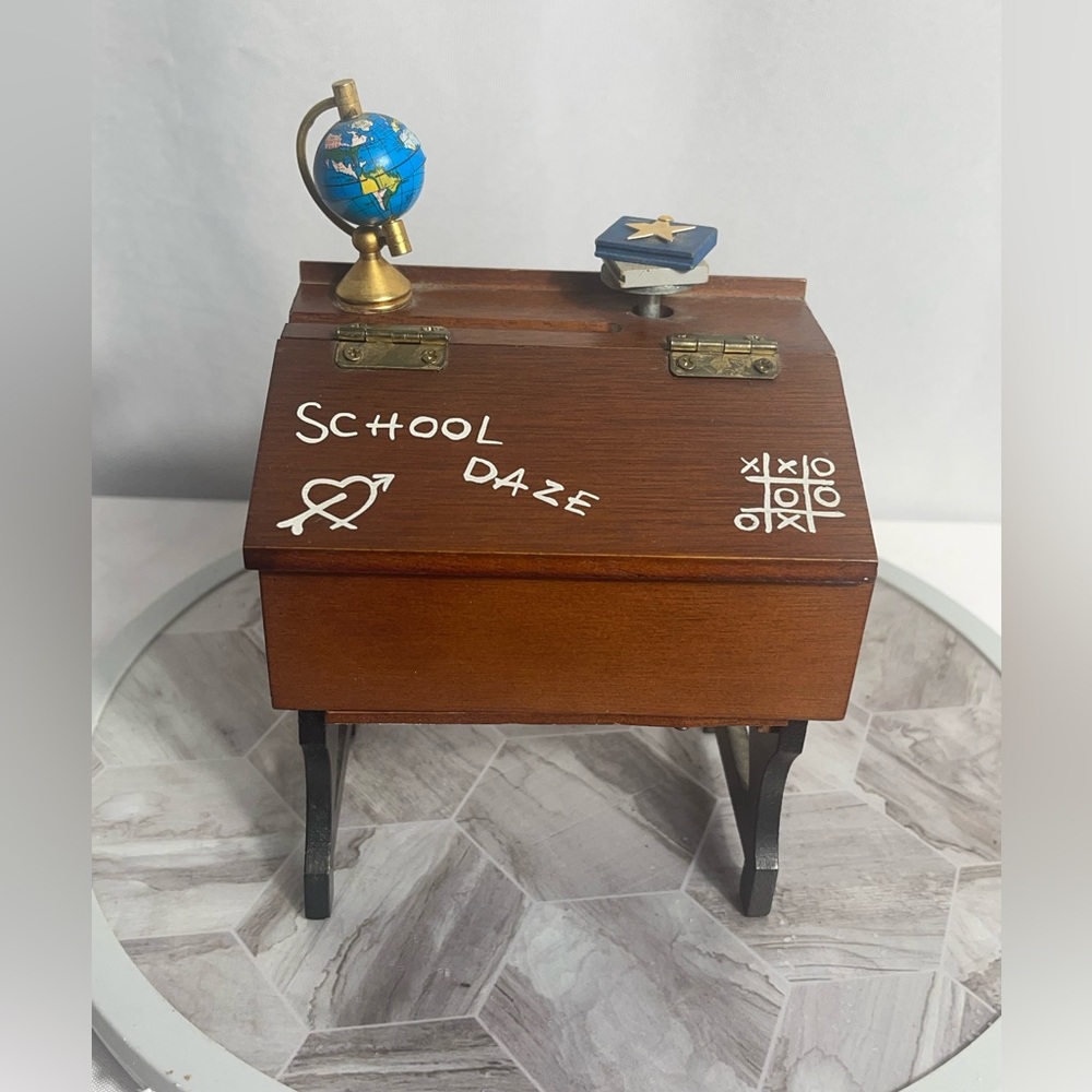 Vintage Berkeley Designs School Desk Trinket Box Taiwan Globe Books Retro